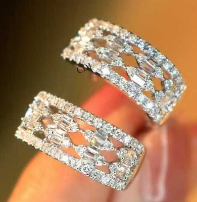 Wedding Gift 4 Her VVS Moissanite Hoop Baguette Liver back  Earring 925 Silver