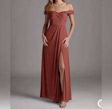 Azazie Terracotta Elegant Off-Shoulder Rust Mesh Bridesmaid Dress HEMMED