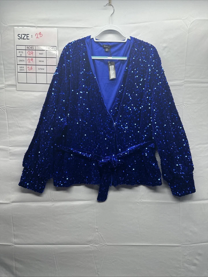 Blusa envolvente Boohoo para mujer azul terciopelo lentejuelas cinturón talla grande 28 manga larga Foto 2 de 4