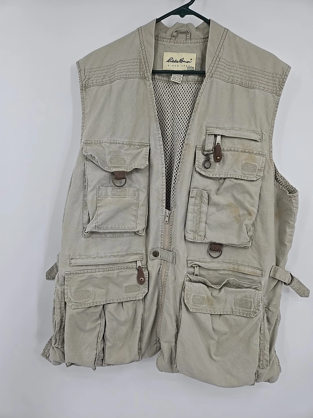 Eddie Bauer Vest Mens Large Fishing Khaki Canvas Cargo Pockets Safari Utility