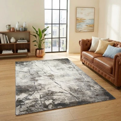 Tapis design crème gris effet marbre moderne élégant - Photo 1/4