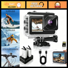 1080P FHD Action Camera 16MP Dual Screen Waterproof Vlogging Camera, 131FT, 16GB