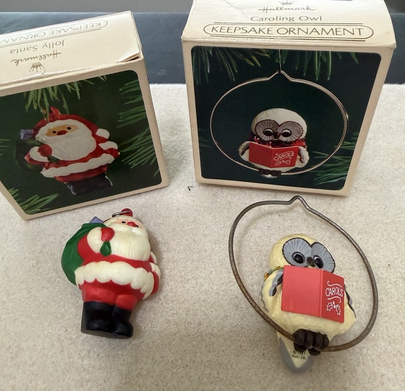 Hallmark 1983 Keepsake Ornaments Caroling Owl & Jolly Santa