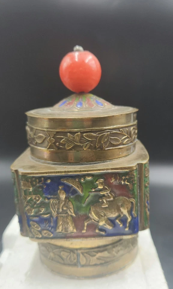 Antique Enameled Brass Chinese Tea or Tobacco Caddy, or Trinket Box  - Image 2 of 4