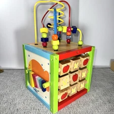 Wooden Kids Activity Cube 5 In 1, Abacus, 2 Mazes, Tic Tac Toe, Color Flip. GUC