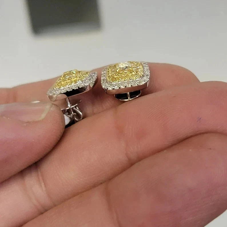 3Ct Lab Created Yellow Citrine Cluster Stud Earrings Gift 14K White Gold Plated - Image 2 of 2