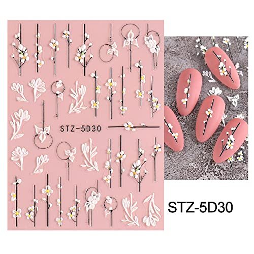5D Spring Embossed Flower Nail Art Stickers 4 Sheets Real Self-Adhesive ...
