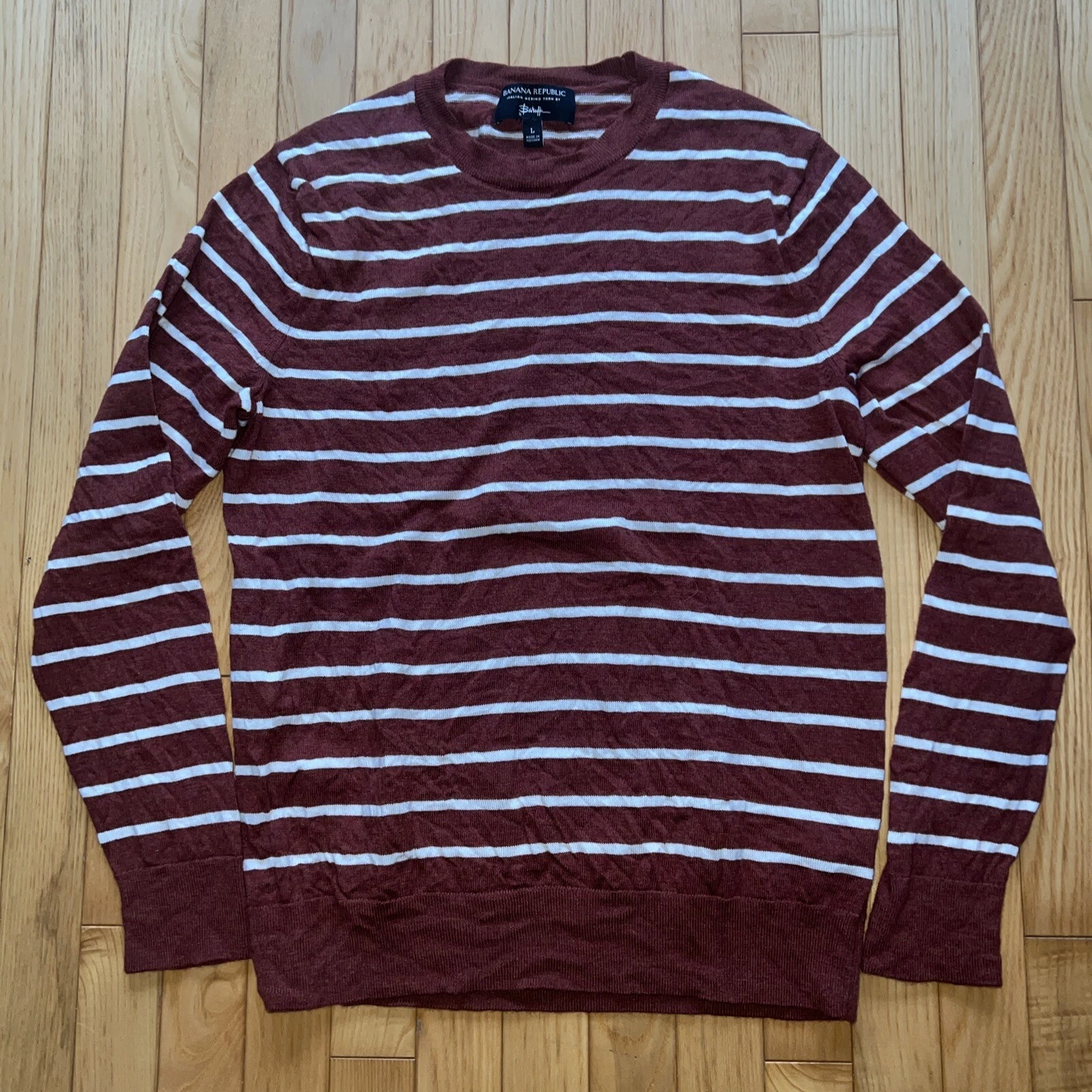 BANANA REPUBLIC Mens M Merino Wool Sweater Maroon red crimson Striped Medium