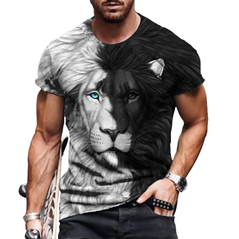T-Shirt Graphic Short Sleeve Black White Lion Novelty Men Fashion Quick Dry Tee