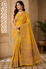 Mustard Yellow Pashmina Silk Saree, Kashmiri Floral Woven Paisley Border, Indian