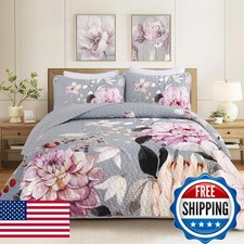 Drucon Floral Quilt King Size - 3 Pieces Grey Quilt Botanical Bedspread Soft