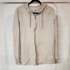ZARA Relaxed Fit Linen Blend Hoodie Zip Up Shirt Mens M Beige Minimalist Neutral