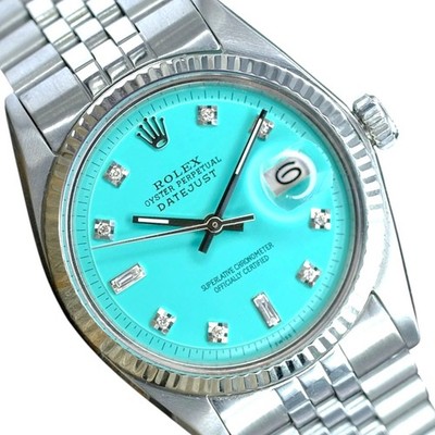 Rolex Mens Datejust White Gold Steel Aqua Blue Dial Fluted Bezel 36mm Watch