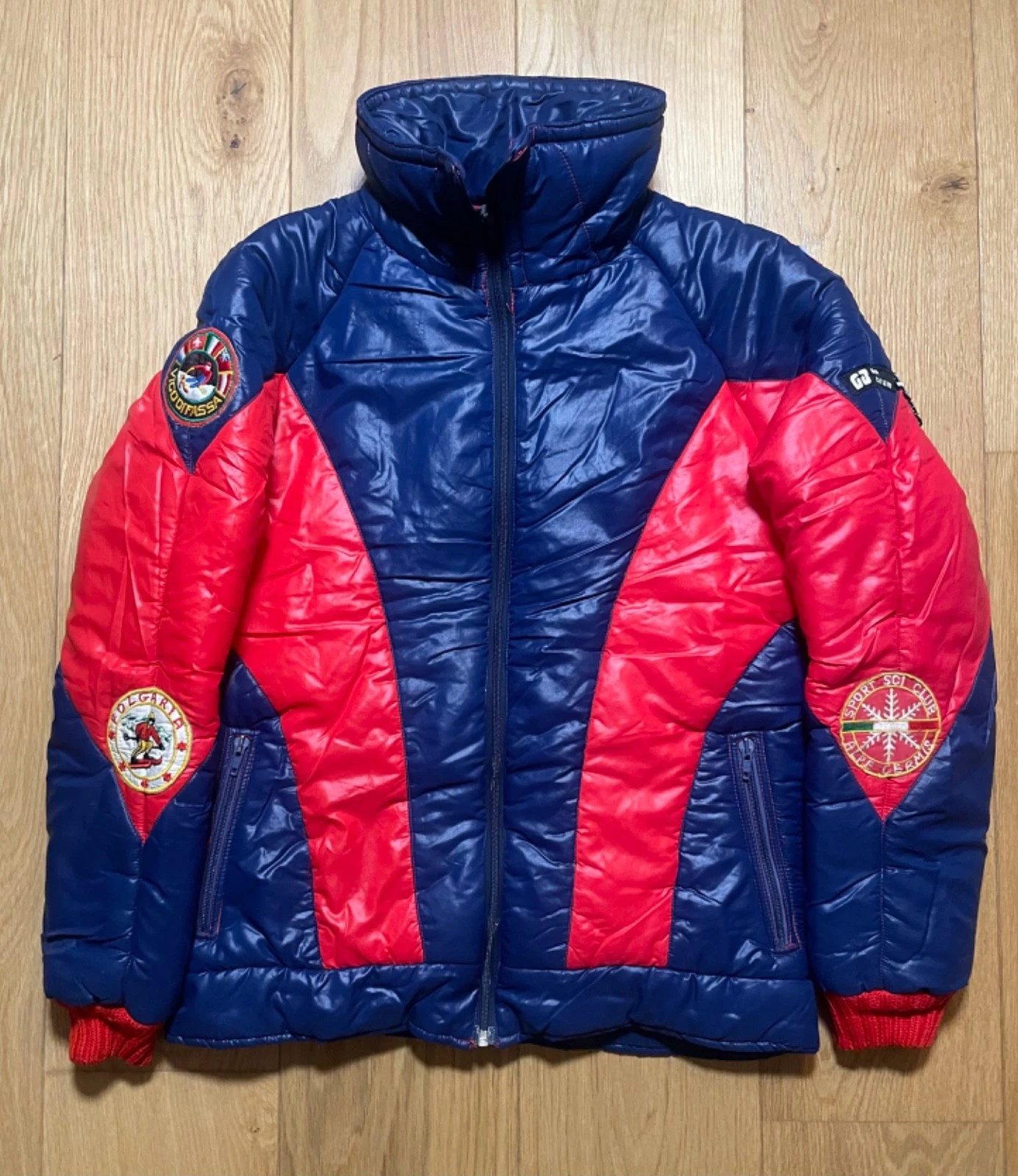 Vintage Ski Puffer Jacket Red Blue Colorblock Winter Coat 90s Patch Logo Small