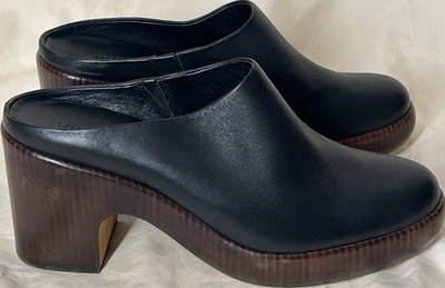 Vince Navina Black Leather Platform Clog Mules Closed Toe Block Heel US 10 EU 40