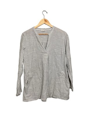 Fat Face Striped Long Sleeve V Neck Women's Top Pockets Size 8 Cotton Grey White
