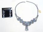 Vtg. Blue Rhinestone Costume Jewelry Petite Necklace + Earrings - 06