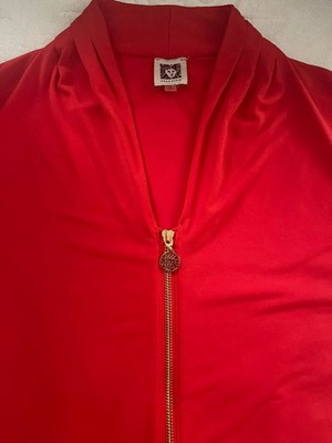 Anne Klein Women's Red Solid Collared Knit Zip-Front Top, Size M Regular