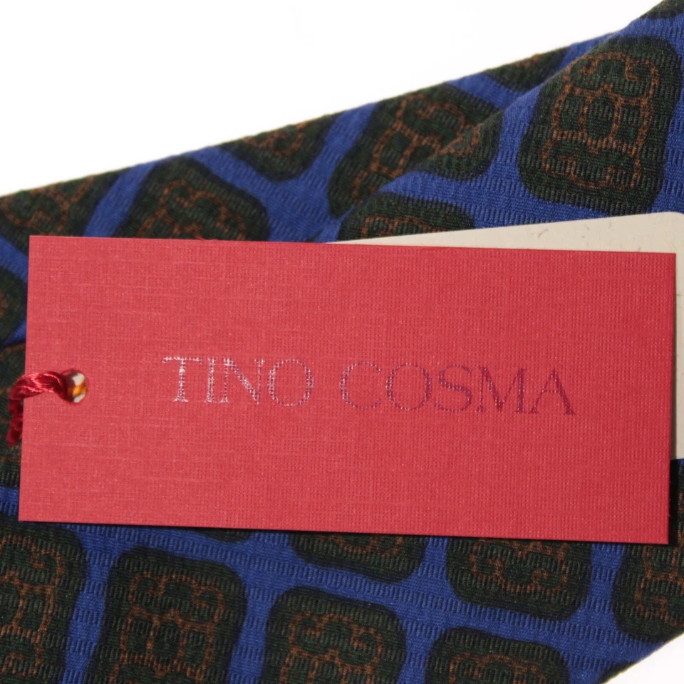 Tino Cosma 全新带标签领带蓝色/绿色/棕色几何图案棉质/羊毛/丝绸 — 第 3/4 张图片