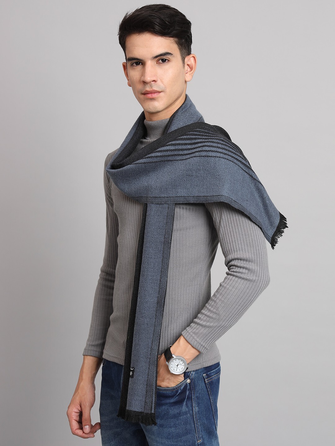Bufanda De Cachemira 100% Hecha En India Para Hombre Y Mujer Con Rayas De Lana