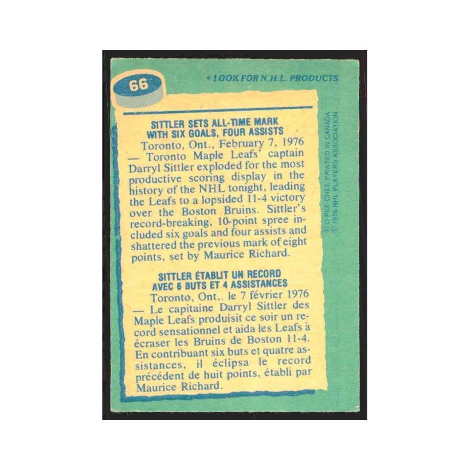 1976 O-Pee-Chee Darryl Sittler Toronto Maple Leafs #66 - Image 2 of 3