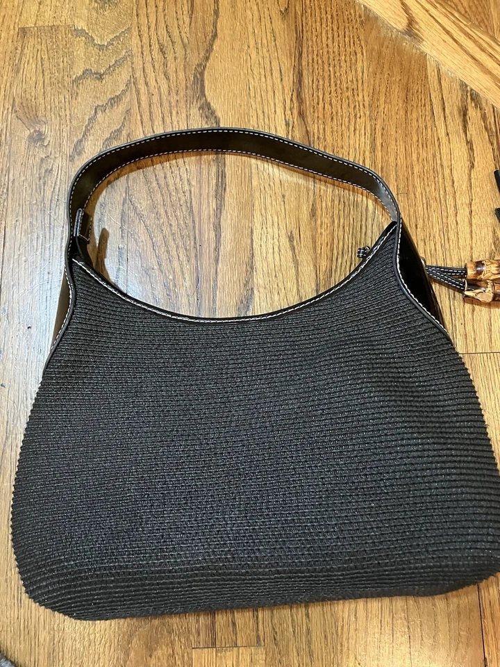 TALBOTS черный джут Дамская сумка сумочка кисточки молнии черный патент ремень и отделка - Изображение 3 из 4