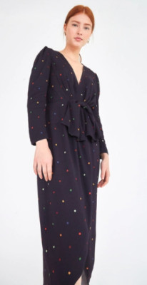 Farm Rio 'Black Dots' Long Sleeve V-Neck Faux-Wrap Midi Dress in Navy sz XS NWD