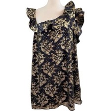 Nha Khanh Viera Metallic Foil Off Shoulder Floral Ruffle Dress Black Gold Sz 22