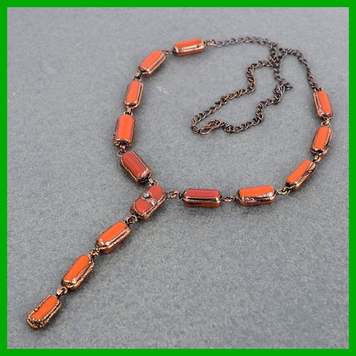 Copper Radiant Natural Red Coral Turquoise Bezel Electroformed Chain Necklace - Picture 3 of 6