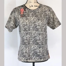 Vintage Upcycled Women M Short Sleeve Sweater Wool Angora Leopard Print Floral