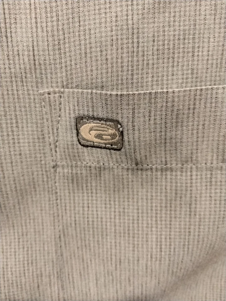 Point Zero Men's Lg Button Up Satiny Shirt Grey Sewn Pinstripes Embroidered Logo - Image 2 of 4