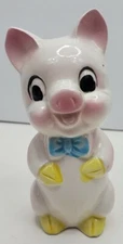 Vtg Ceramic Big Eyed Pig with Blue Bowtie Figurine Japan Painted Glazed 4.25" T