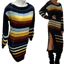 Shein Sweater Dress Womens Small Pointelle Knit Striped Midi Long Puff Sleeve