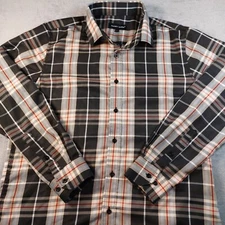 Barry Wang Men's Button up Shirt Size Large Plaid Black Grey Silk Polyester
