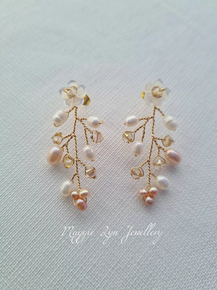 Gold and Blush pink wedding earrings. Gold Bridal earrings. Pink drop  earrings. | eBay