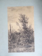 Karl Robert (1848-1899) DISEGNO A CARBONCINO FINE XIX° PAESAGGIO FIUME ABRE LOIR