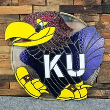 Stained Glass KU Kansas Jayhawk 13" Hand-Crafted Suncatcher Decoration