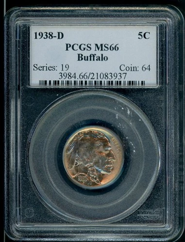 UNITED STATES 1938-D DENVER BUFFALO NICKEL COIN PCGS MS 66      A10