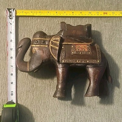 Handmade Wood Brass Elephant Figurine Ornate Detailing Decorative Sculpture