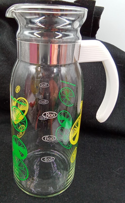 Pyrex Lemon Lime Carafe Pitcher Jug White Handle Clear Glass Vintage USA No Lid