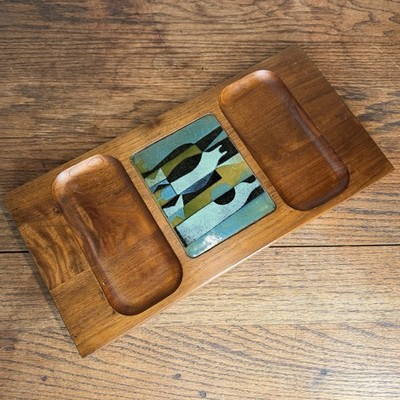 Vtg Robert Wuersch Mid Century Modern Bottles Enamel Copper Walnut Tray MCM