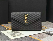 Saint Laurent Gold Logo Women Classic Crossbody Wallet Black Leather