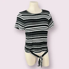 NAUTICA Black and White Stripped Tie Front Blouse | Medium