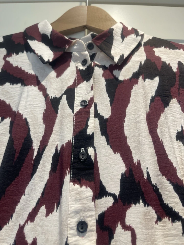 New Look Burgundy/Cream/Black Abstract Collared Belted Midi Dress Size 14 - Image 2 of 4