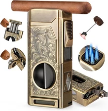 Cigar Torch Lighter 4 Jet Flame Cigar Lighter with Cigar Cutter V Cut Cigar
