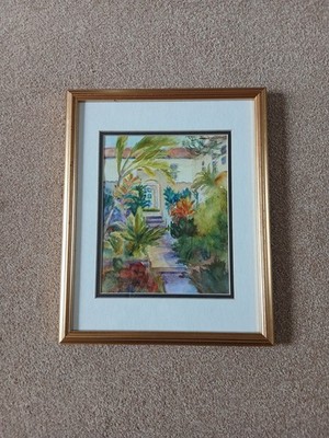 Linda Mitchell schönes buntes Original Aquarell montiert vergoldet gerahmt