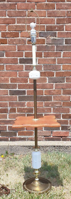 MCM Starburst Milk Glass Floor Lamp w/Wooden Side Table/Shelf/Tray Unique Works!