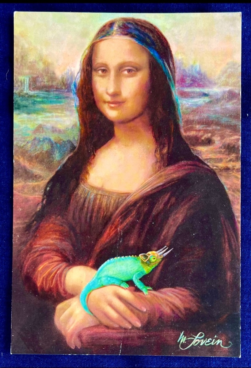 （当時物）eX-D Illustration Card Lisa & Lorna MONA LISA & LIZARD Art Postcard CHAMELEON IN GARDEN Mary Lovein