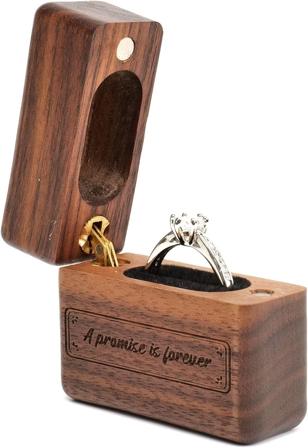 Walnut Wooden Engagement Ring Box Slim Flat Case for Proposal Wedding Jewelry-image