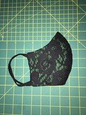 Black Lace Face Mask Green Cotton Lined Nose Wire Made In USA Ships Same Day